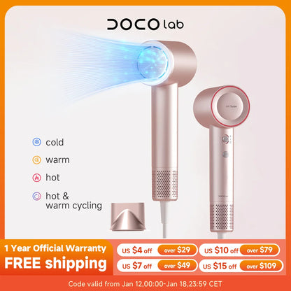 DOCOLAB High Speed Hair Dryer UK Plug Negative Ions Straightener 525g Lightweight Magnetic Nozzle Blow Dryer Home Travel Gift