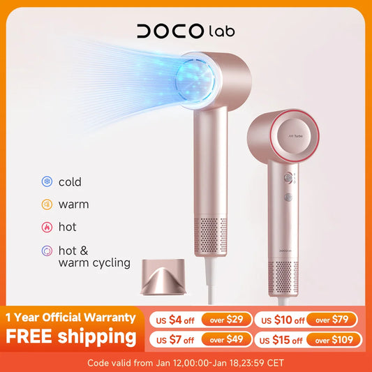 DOCOLAB High Speed Hair Dryer UK Plug Negative Ions Straightener 525g Lightweight Magnetic Nozzle Blow Dryer Home Travel Gift