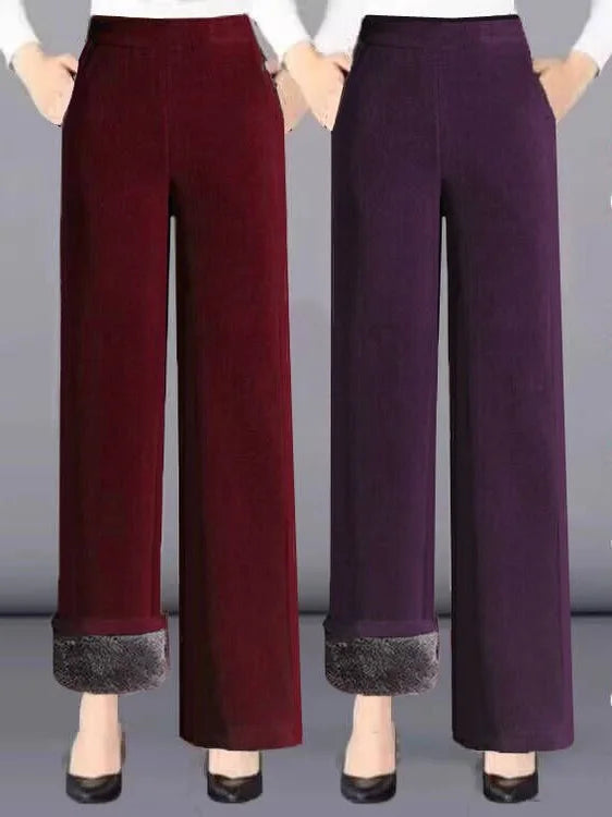 Thickened Fleece Lined Wide Leg Casual Pants for Mom High Waist Polyester Fiber Winter Warm Leisure Trousers for Middle-Aged ...