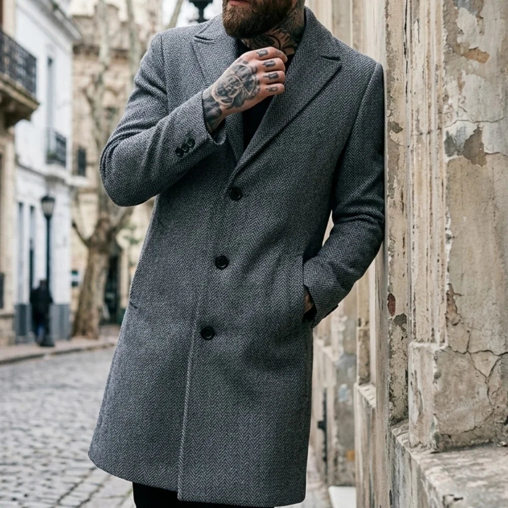 Fall/Winter Men's Striped Coat Street Casual Jacket Long Jacket Classic Pattern Wind Jacket Warm Outdoor Office Men's Clothing