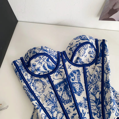Faionable Retro Court Sle Women's Top Summer Tie Waist Fibone Strapl Vest Svel Embroidered Bustier Outerwear
