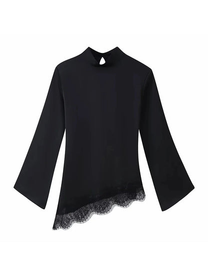 Women Casual Lace Patchwork Hem Lace-up Tops Women's Slim Waist-cinching Blouse New Ladies Spring Solid Elegant Blouses ﻿
