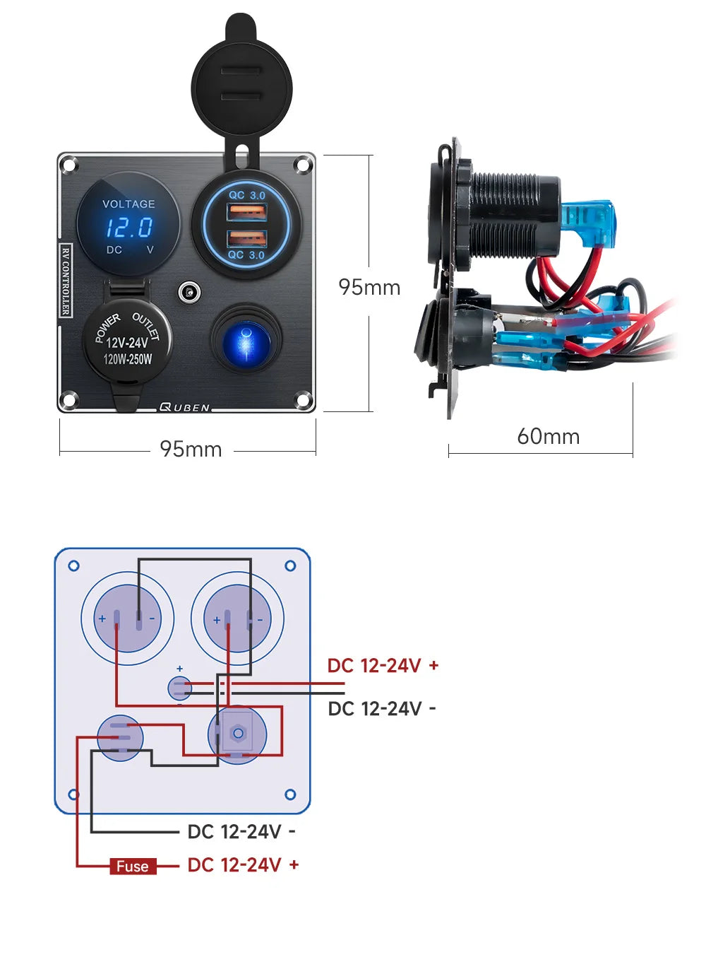 Dual Port Usb 36W On Off Digital Led Voltmeter For Car Splitter Cigarette Lighter Socket 12V QC Adapter 3.0 Quick Phone Charger