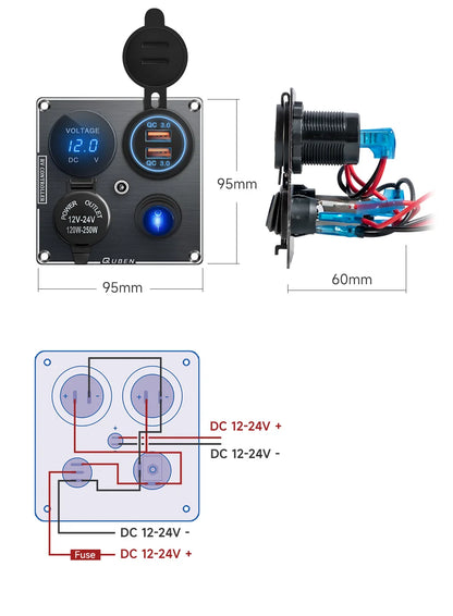 Dual Port Usb 36W On Off Digital Led Voltmeter For Car Splitter Cigarette Lighter Socket 12V QC Adapter 3.0 Quick Phone Charger