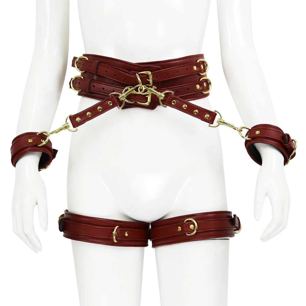 BDSM PU Leather Waist To Wrist Restraint Harness Set Adjustable Bondage Belt with Cuffs Slave Role Play Adult Sex Toy for Women