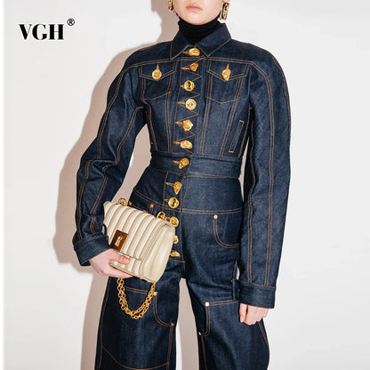 VGH Solid Spliced Button Loose Denim Two Piece Sets For Women Lapel Long Sleeve Top High Waist Pants Chic Set Female Fashion
