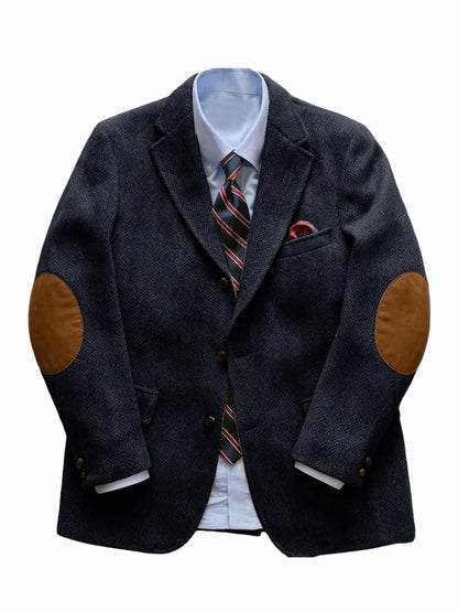 Men's Vintage Herringbone Tweed Blazer With Elbow Patch 2 Button Single Breasted Cotton Casual Slim Fit Business Jacket XS-7XL