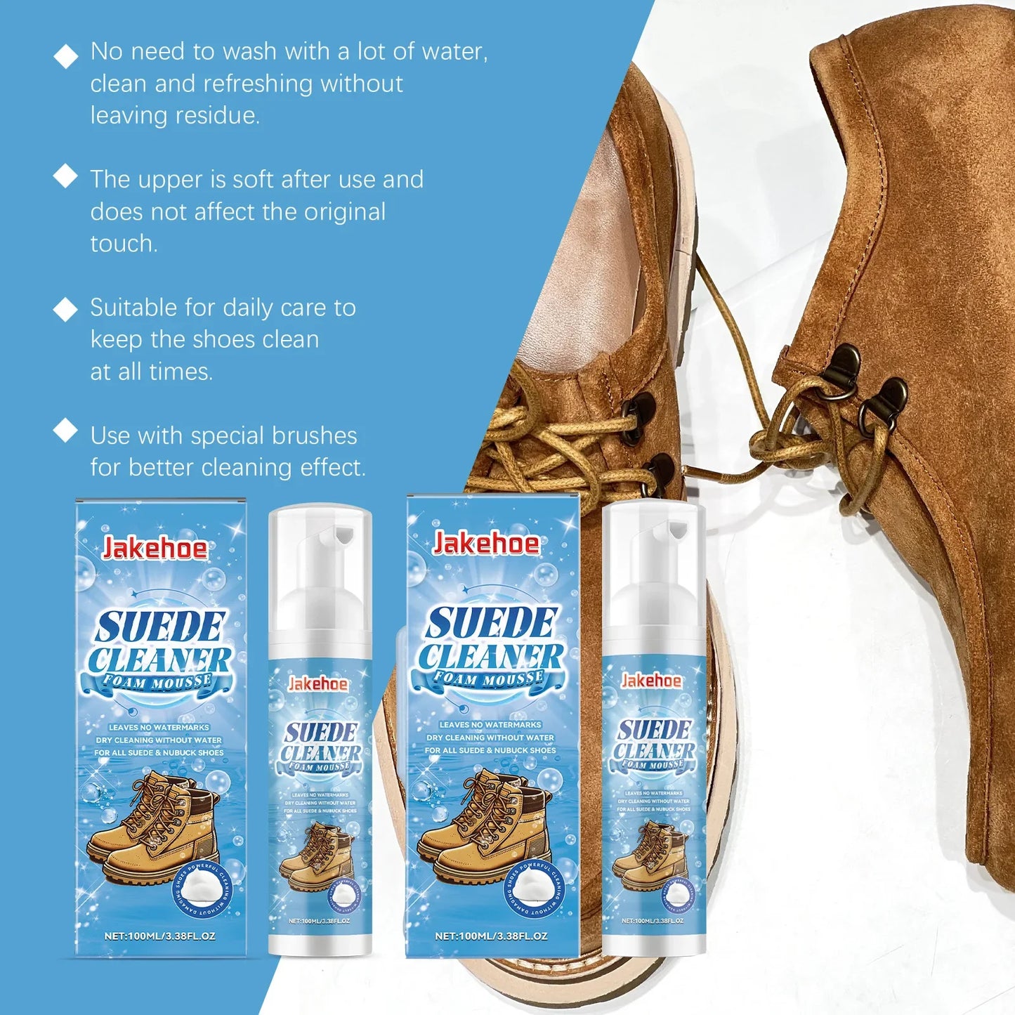 Suede Cleaner Kit - Leather Velvet, Knit Boot & Canvas Cleaner, Removes Stains & Water Marks, Gentle Foam Cleaning, Dries Safely