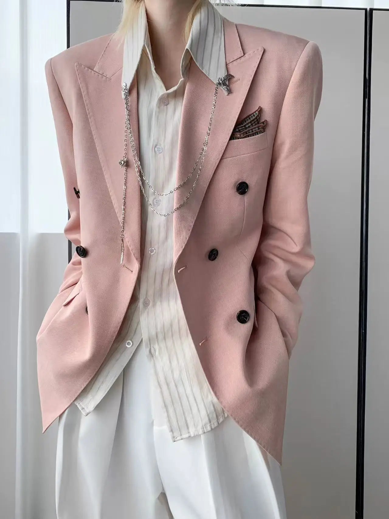 Korean Style Unisex Oversized Blazer Men Women Dusty Pink Casual Suit Jacket Streetwear Loose Office Party