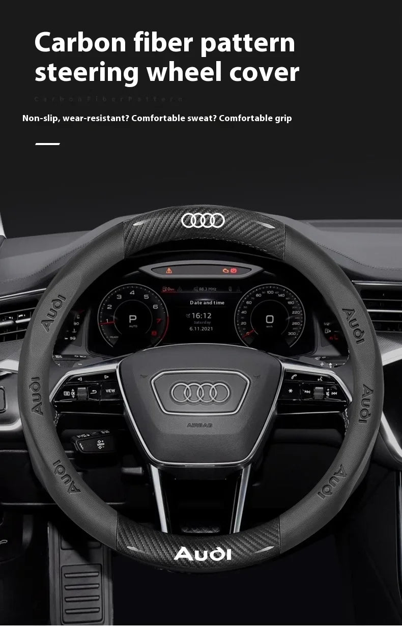 Car AntiSlip Carbon Fiber Leather Steering Wheel Cover, Audi A3 A4 A5 A6 A7 A8 Q1 Q2 Q3 Q5 Q7 Q8 S3 S4 S5 S6 RS3 RS4 RS5 TT