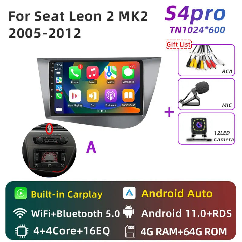 Jundof Car radio For Seat Leon 2 MK2 2005-2012 Carplay Android auto Qualcomm Car stereo Multimedia player 4G Wifi DSP 36EQ RHD