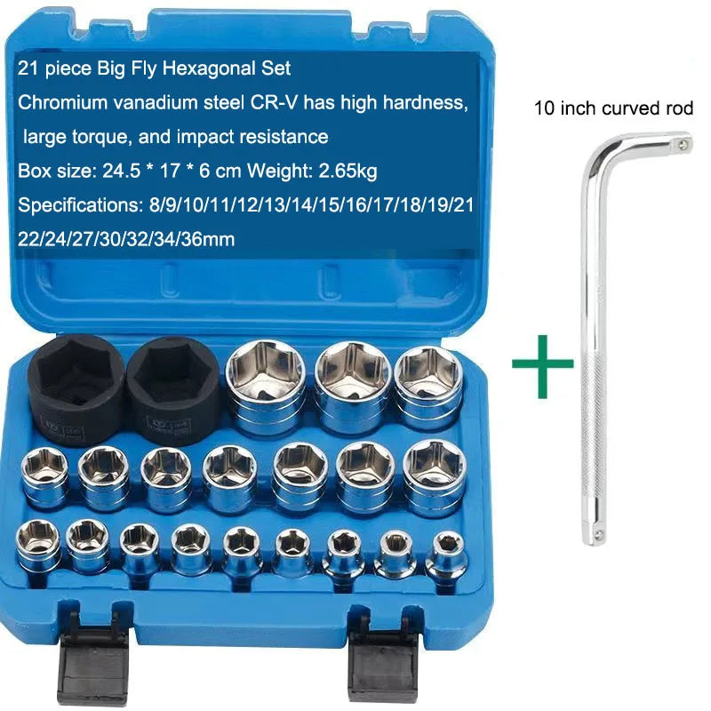 21 Pcs 1/2 Hexagon Torx Sockets Set Ratchet Wrench Tool 8-36mm Specification Socket Head Set Auto Repair Equipment