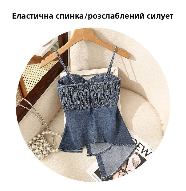 Irregular Halter Neck Denim Crop Top Women Summer Outdoor Wear with Chest Pad Slimming Sexy Girl Shirt Short Length Zipper