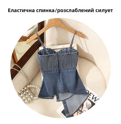 Irregular Halter Neck Denim Crop Top Women Summer Outdoor Wear with Chest Pad Slimming Sexy Girl Shirt Short Length Zipper