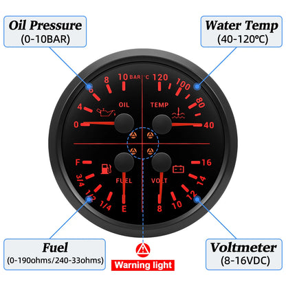 110mm 4 In 1 Gauge 0-150PSI / 0-10BAR Oil Pressure Gauge Water Temperature Fuel Level Voltmeter Light Alarm for Car Boat Yacht