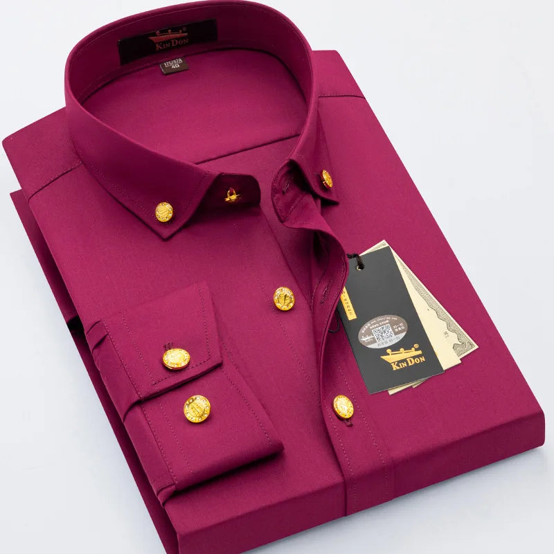 2026 Spring/Autumn New Men's Luxury Brass Button Long Sleeve Business Casual Shirt Ironing Resistant Office Work Shirts as Gift