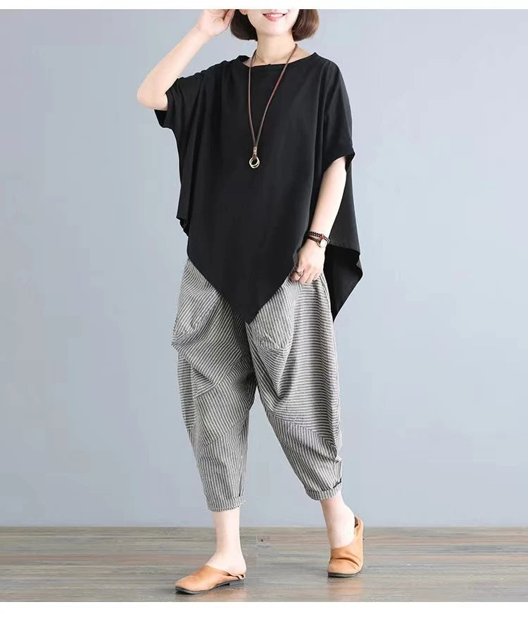 Cotton Blend Loose Fit Casual Women's T-irt And Harlan Pants Set Single Piece Summer Faion Ensemble for plus Size