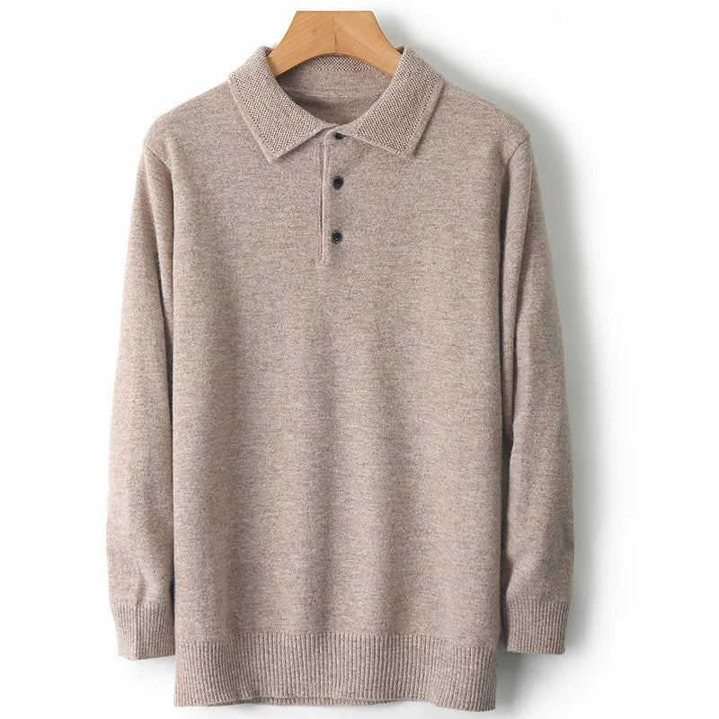 Autumn And Winter 100% Pure Wool Men's Polo Lapel Sweater Loose Large Size Casual Knit Bottoming Shirt
