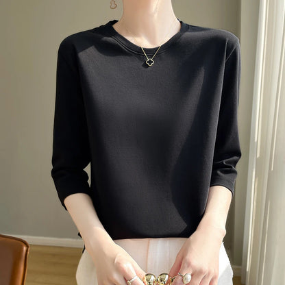 Summer Cotton Short-Sleeved T-Shirt Women's Round Neck Seven-Point Sleeves Loose Mercerized Cotton Half-Sleeve Shirt New T-shirt