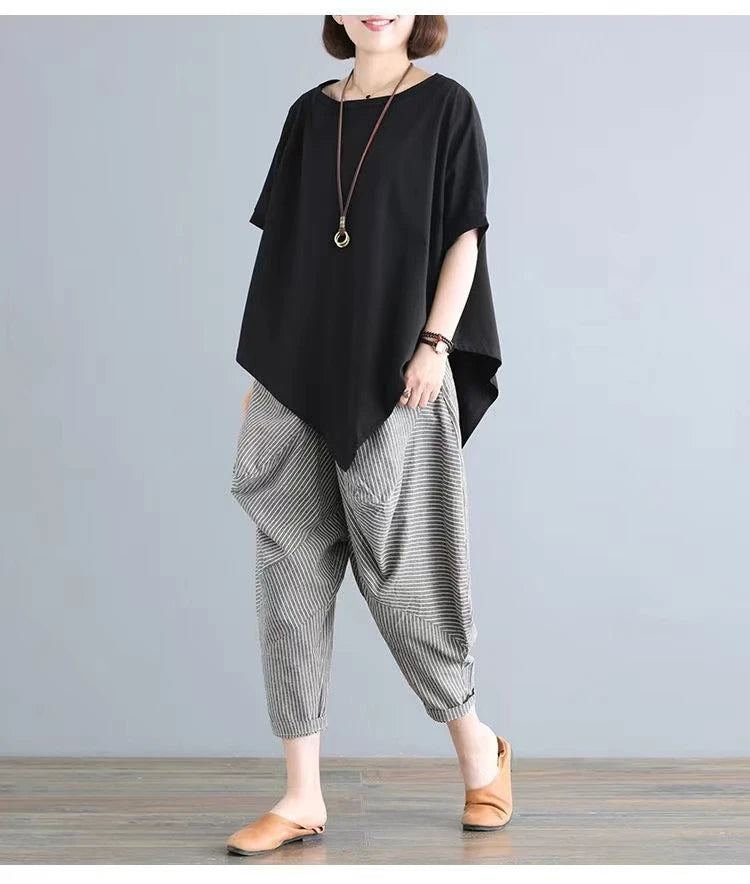 Cotton Blend Loose Fit Casual Women's T-irt And Harlan Pants Set Single Piece Summer Faion Ensemble for plus Size