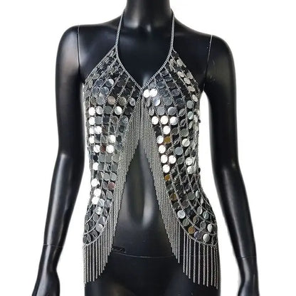 AKYZO Sequined Crop Tops for Women Metal Chain Tassel Nightclub Dance Wear Party Burning Outfits Plastic Tank Top Sexy Festival