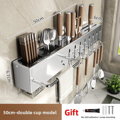 Stainless Steel Kitchen Knife Holder Wall Mounted No Drilling Multi-Function Chopsticks And Kitchen Knife Storage Rack