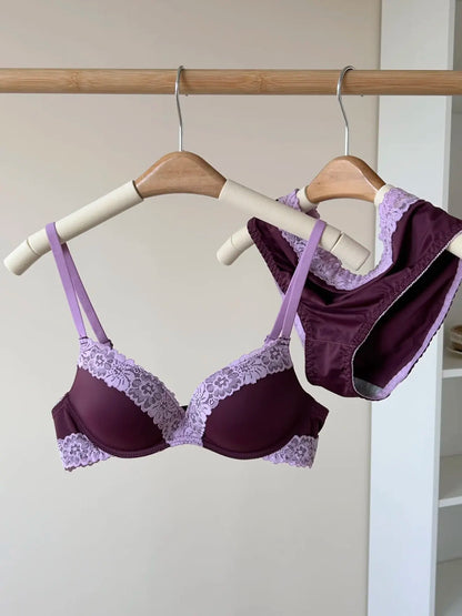 Sexy Purple Lace Lingerie Set for Women Push Up Bra No Underwire Small Bust Fit gathering Cups Lift Petite Cute Panties YUQI