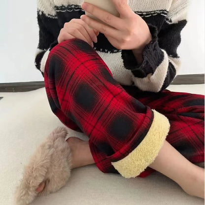 Thickened Fleece Straight Leg Pants Winter New Style Lamb Velvet Plaid Women's High Waist Warm Casual Wide Leg Pants