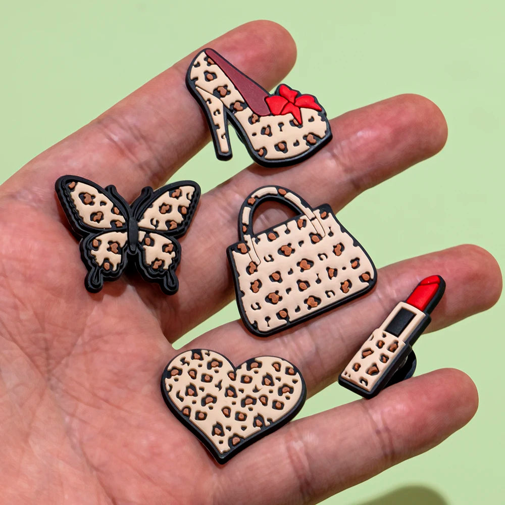 1/25pcs Leopard Print Shoe Charms for Hot Girl Women Shoe Decorations Pins Sandals Accessories Lipstick Heart Cherry Clog Buckle