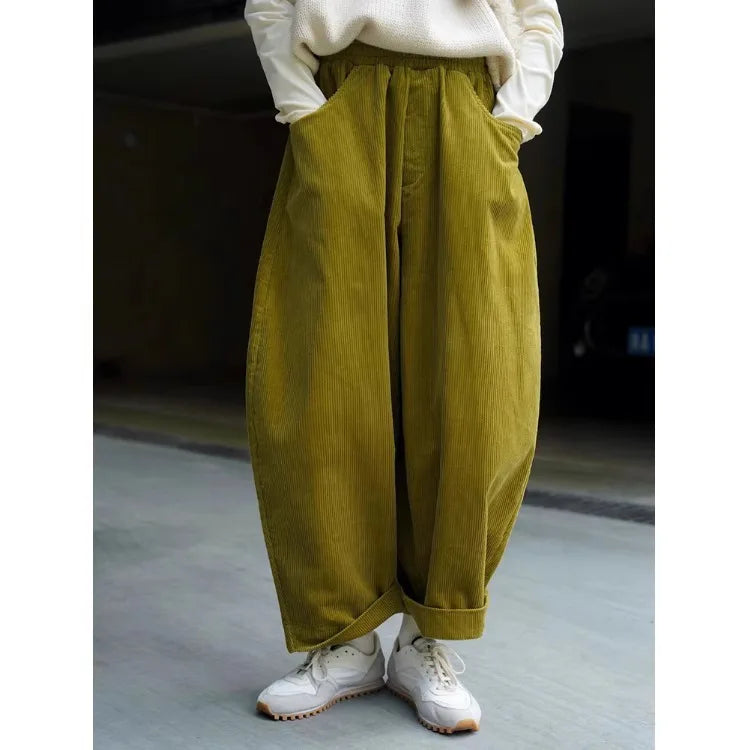 High-End Japanese Style Corduroy Women's plus Size Loose Thickened Stripe Velvet Banana Pants Scythe Pants Autumn Winter