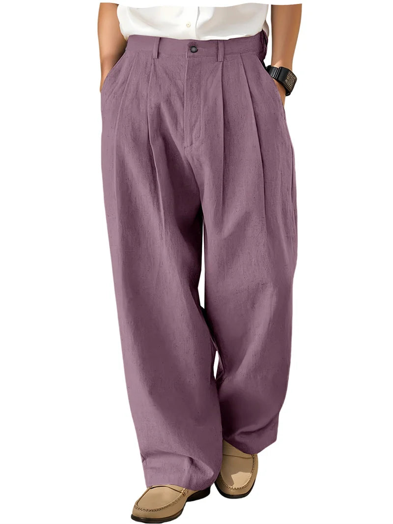Men's Loose Pleated Wide Leg Pants Breathable Linen Blend Trousers Casual Business Suit Pants Summer Streetwear Daily Wear