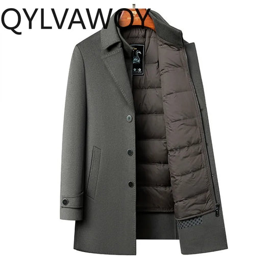 QYLVAWOY 70% Real Wool Man Jacket Winter Jackets Detachable Goose Down Liner Men's Wool and Trench Coats Business Man Clothes