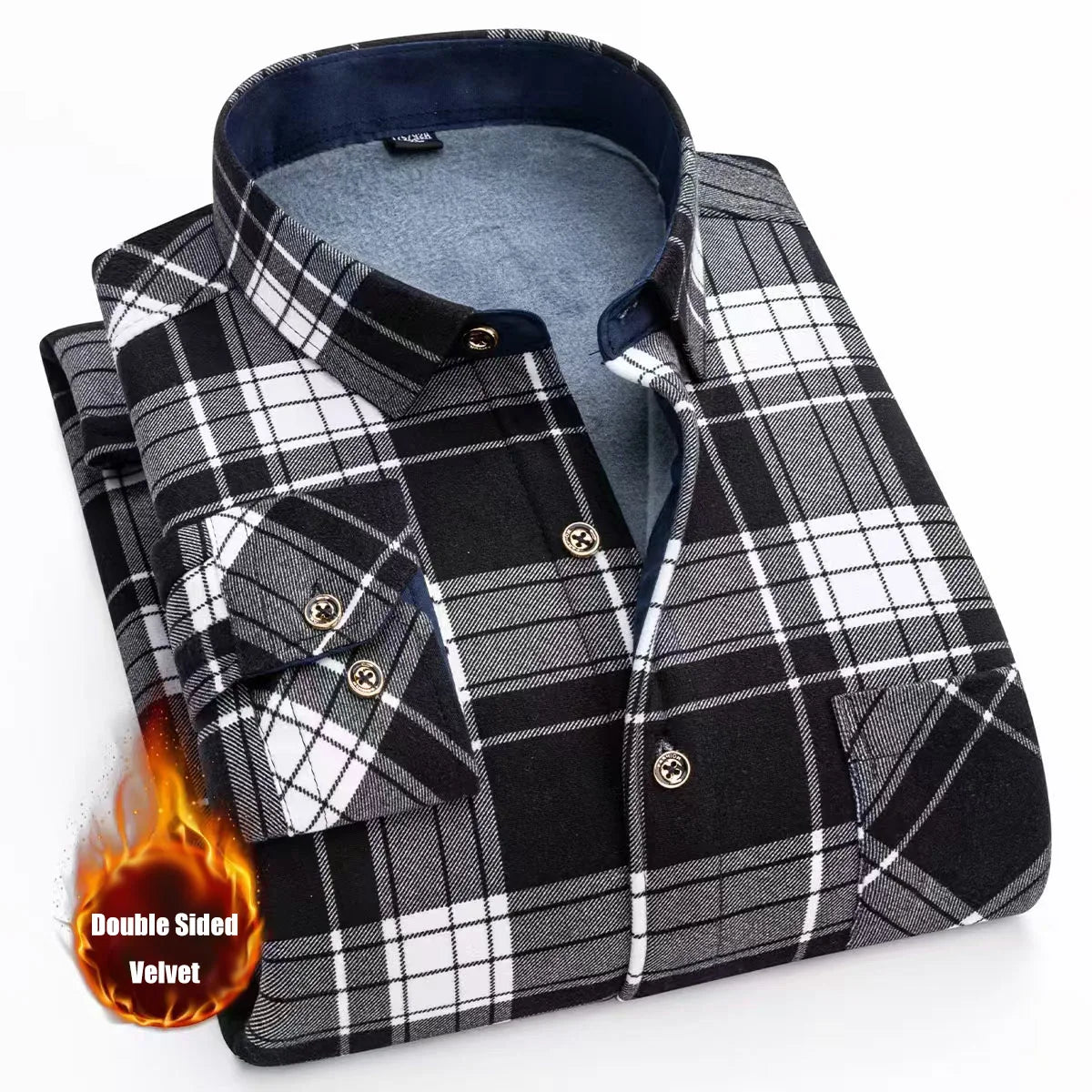 Thickened Flannel Men's Shirt Fashion Warm Plaid Winter Casual Square Collar plus Size Clothing Fleece Lined Double Sided Velvet