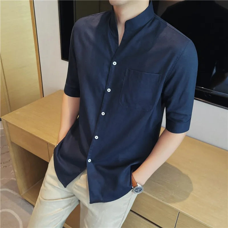 Men's Premium Linen Blend Mandarin Collar Shirt – 7A Antibacterial, Breathable & Cool-Touch Short Sleeve Button-Up
