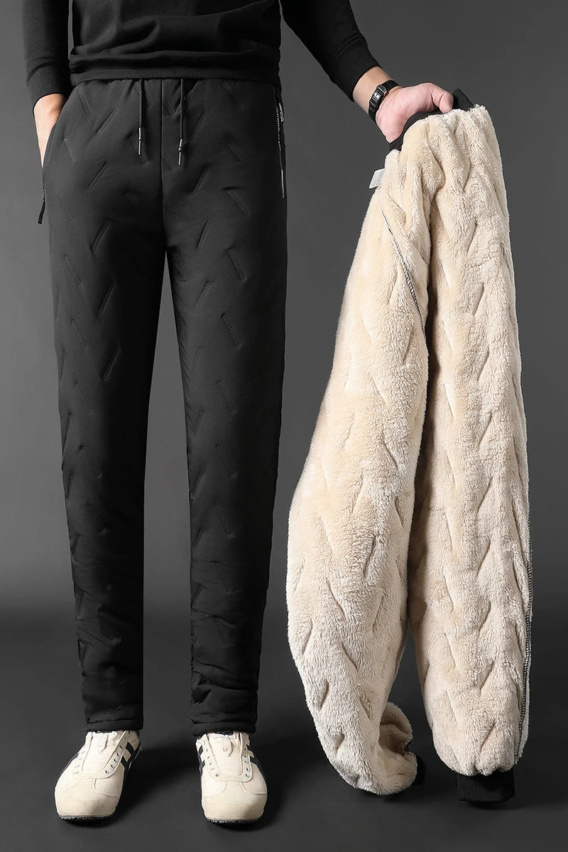 Winter Zip Pockets Thicken Fleece Sweatpants Men Jogger Black Down Sport Warm Pants Male Water Proof Thermal Trousers