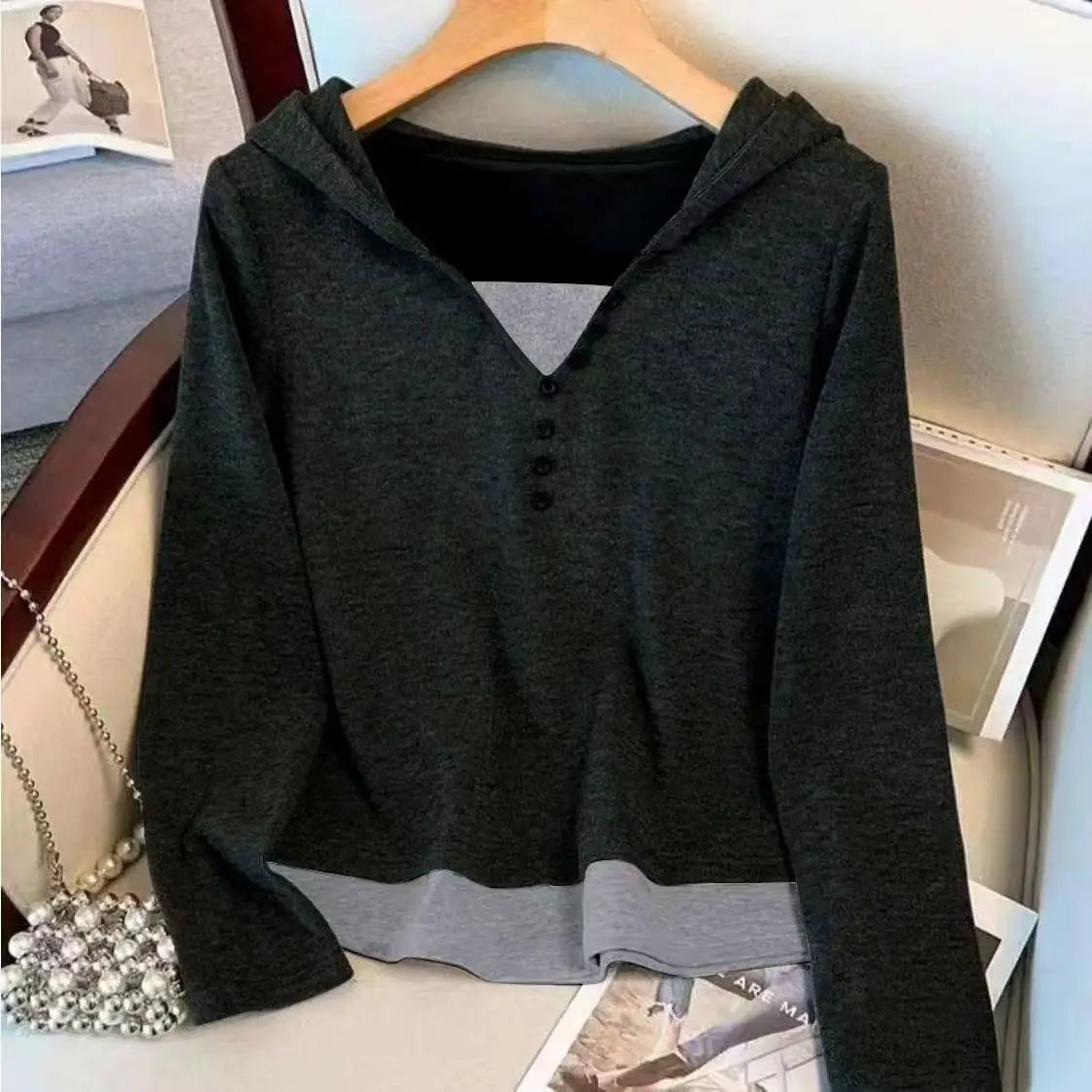 Black Soft Plush 2025 New Style Hooded Patchwork Casual Sporty Spring Autumn Leisure Cotton Pants Set Fashionable Trousers