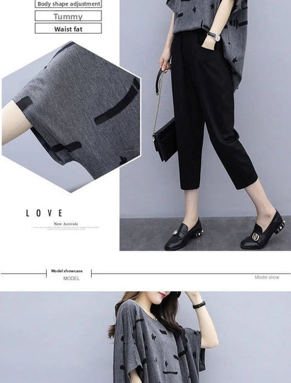 plus Size Summer Outfit Women's Batwing Sleeve Cover Belly Top And Seven Inch Pants Two Piece Set Fashionable plus Size Ensemble
