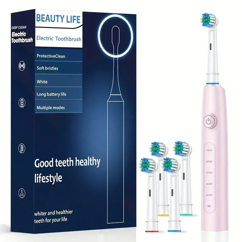 Electric Rotating Toothbrush Deep Clean Whitening Teeth for Adult Ultrasonic Toothbrush with 4/8pcs Refill Replacement Heads