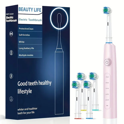 Electric Rotating Toothbrush Deep Clean Whitening Teeth for Adult Ultrasonic Toothbrush with 4/8pcs Refill Replacement Heads