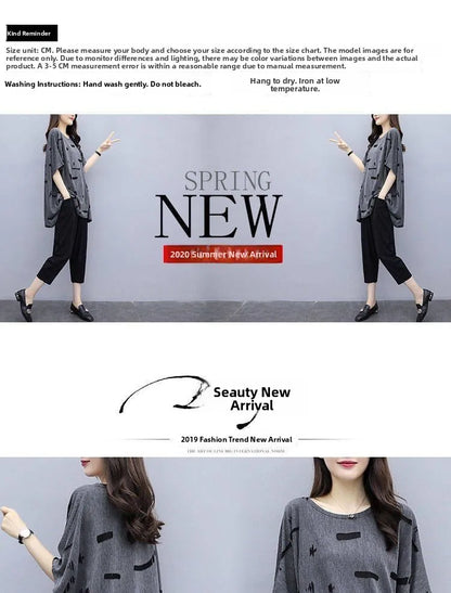plus Size Summer Outfit Women's Batwing Sleeve Cover Belly Top And Seven Inch Pants Two Piece Set Fashionable plus Size Ensemble