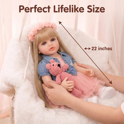 NPK 55CM Lifelike Vinyl Reborn Baby Doll Waterproof Betty with Long Blond Hair Princess Toddler  Real Touch Collectible Doll
