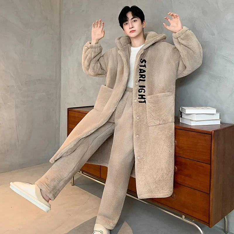 Long Coral Fce Spwear Men's Winter Casual plus Size Home Clothes Robe Youth Leisure Straight Leg Pants Button Closure