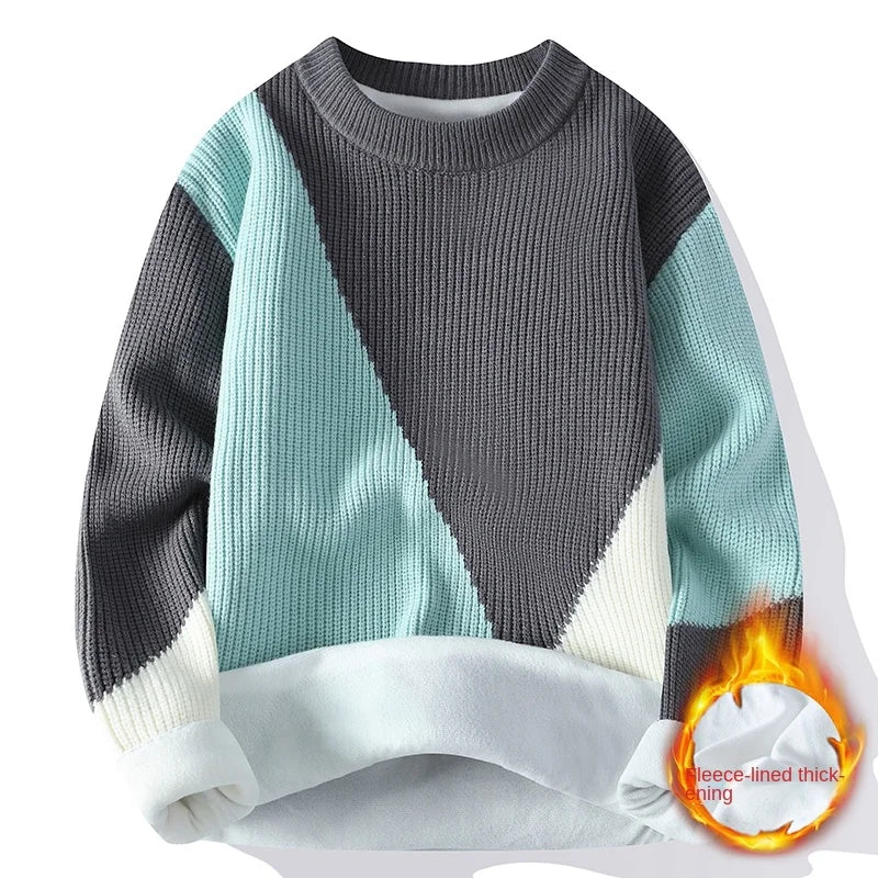 2024 Autumn Mink Velvet Imitation Mink Velvet Fashion Brand High Quality Splicing Pullover Round Neck Loose Sweater Sweater Men