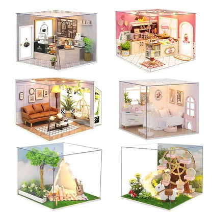 DIY Wooden Miniature DollHouse Leisurely Coffee Shop Dollhouses Scene Model  Doll House Assembly Model Toys For Xmas Gifts