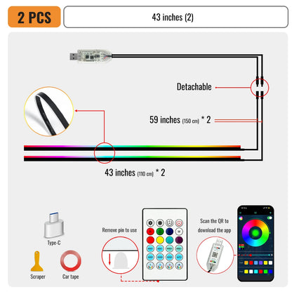 Universal 43-inch RGB Car Interior Lighting Kit with App Control - 64 Colors & 8 Dynamic Modes
