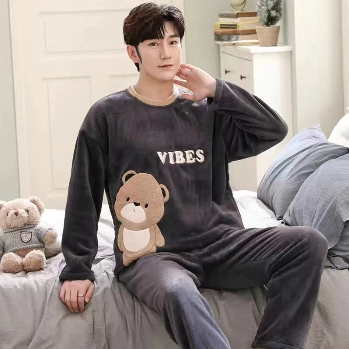 Cartoon Green Dinosaur Design Pajamas for Men Korean Kawaii Cute Letter Print Men's Pajamas 2024 Autumn Winter Warm Sleepwear