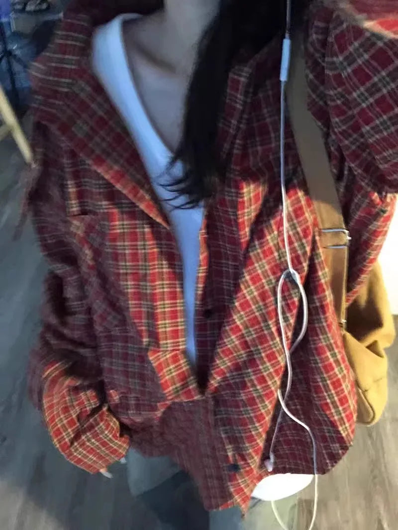 Red Plaid Loose Long Sve irt Women's Spring 2026 New Lazy Sle Coat Top Commute Pattern Button oulder Drop Length