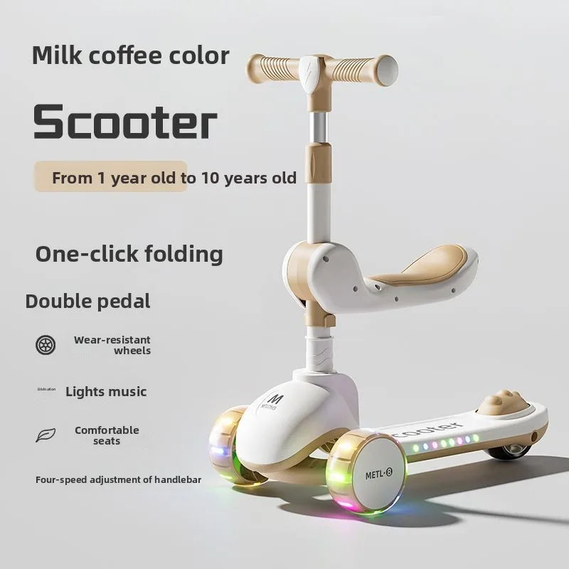 3-in-1 Kids Scooter with Seat, Foldable Toddler Kick Scooter for Boys Girls Ages 1-3-6-10, 3-Wheel Light-Up Ride-On Toy with