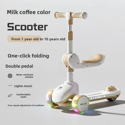 3-in-1 Kids Scooter with Seat, Foldable Toddler Kick Scooter for Boys Girls Ages 1-3-6-10, 3-Wheel Light-Up Ride-On Toy with