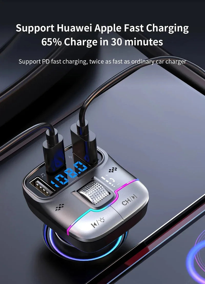 FM Transmitter Bluetooth 5.4 Hands-Free Portable Car AUX Radio Modulator MP3 Player with Fast Charging Adapter
